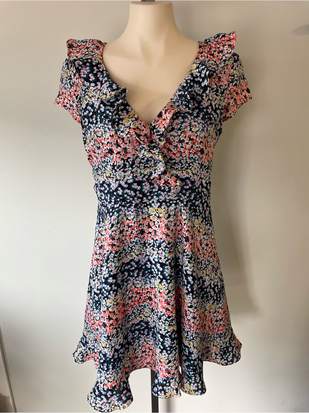 Oasis Ditsy Floral Ruffled Cottagecore Tea Dress Faux Wrap Size 12